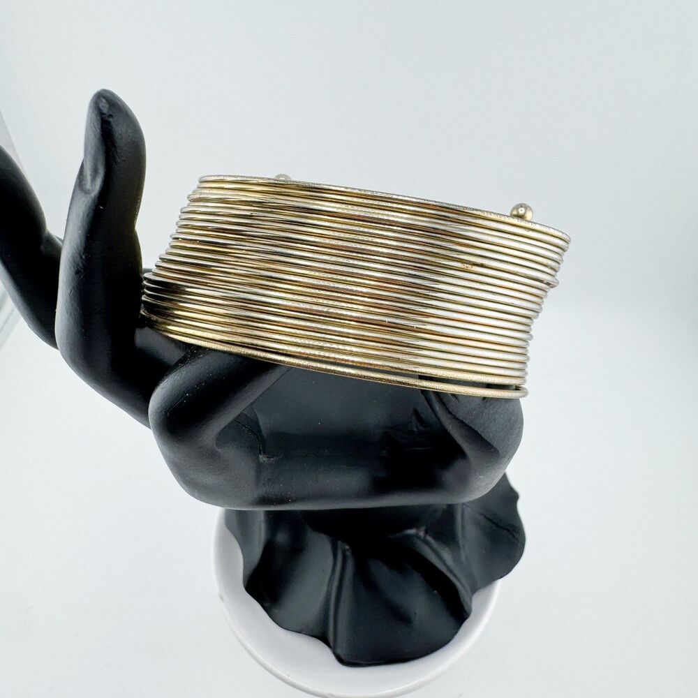 Vintage Gold Tone Wire Wrap Cuff Bracelet Modernist Wide Metal Statement Chunky